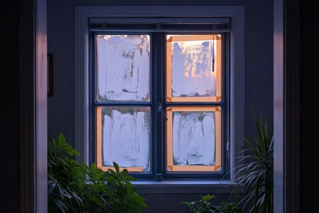 Een raam met pas witgeschilderde kozijnen en afplaktape op het glas staat tussen donkere muren en groene planten in een warm verlichte kamer.