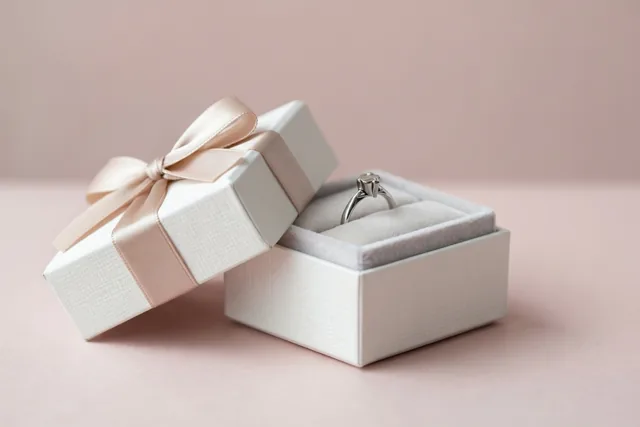 Een open wit geschenkdoosje met een lichtroze satijnen lint bevat een zilveren ring op een zacht kussentje tegen een effen lichtroze achtergrond.