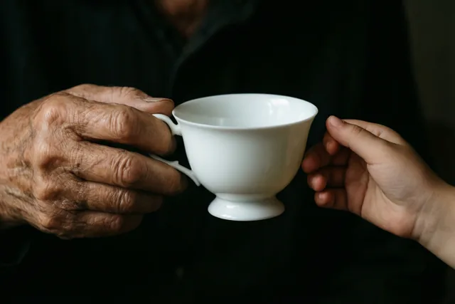 Een oudere hand en een kleine kinderhand houden samen een wit porseleinen theekopje vast tegen een donkere achtergrond.