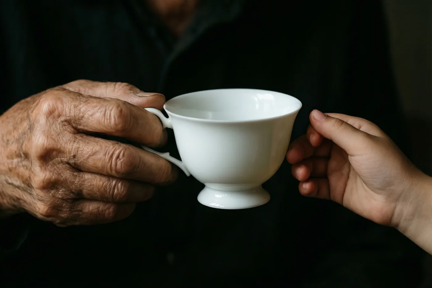 Een oudere hand en een kleine kinderhand houden samen een wit porseleinen theekopje vast tegen een donkere achtergrond.
