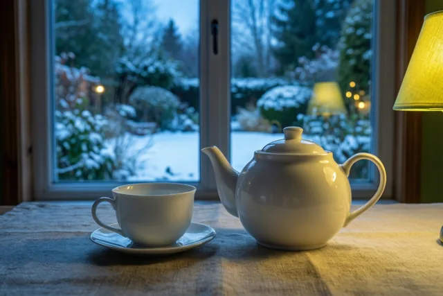 Een witte porseleinen theepot en een kopje staan op een linnen tafelkleed met structuur naast een hoog raam, met warm licht binnen en een besneeuwde tuin onder een donkerblauwe schemerhemel buiten.