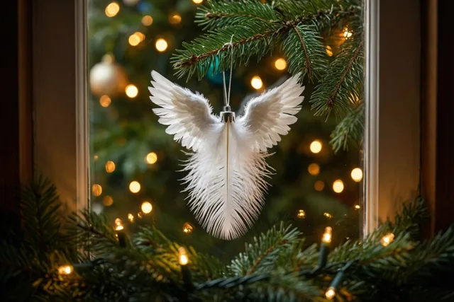 Een wit engelenornament van veren hangt aan een dennentak, omlijst door een raam met warm gloeiende kerstlichtjes op de achtergrond.