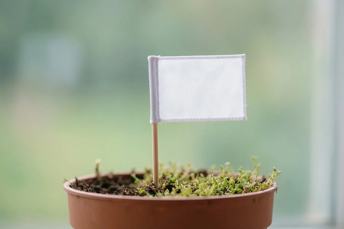 Een wit vlaggetje op een houten stokje staat tussen kleine groene kiemen in een terracotta pot met aarde, tegen een onscherpe groene achtergrond.