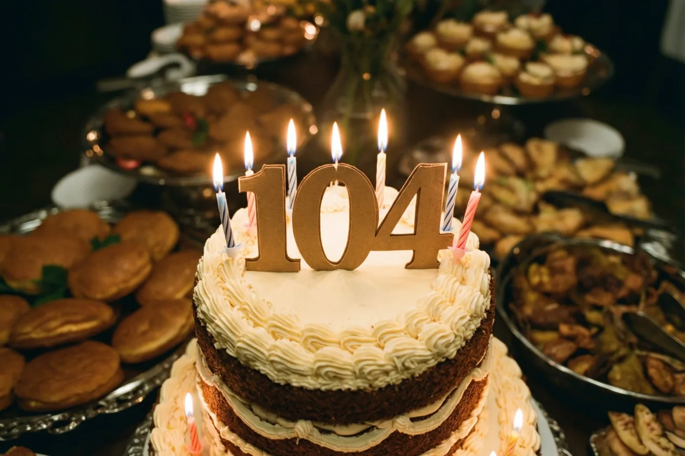 Een stapeltaart met wit glazuur, brandende kaarsen en een papieren 104 staat op een buffet tussen schalen met gebak en desserts.