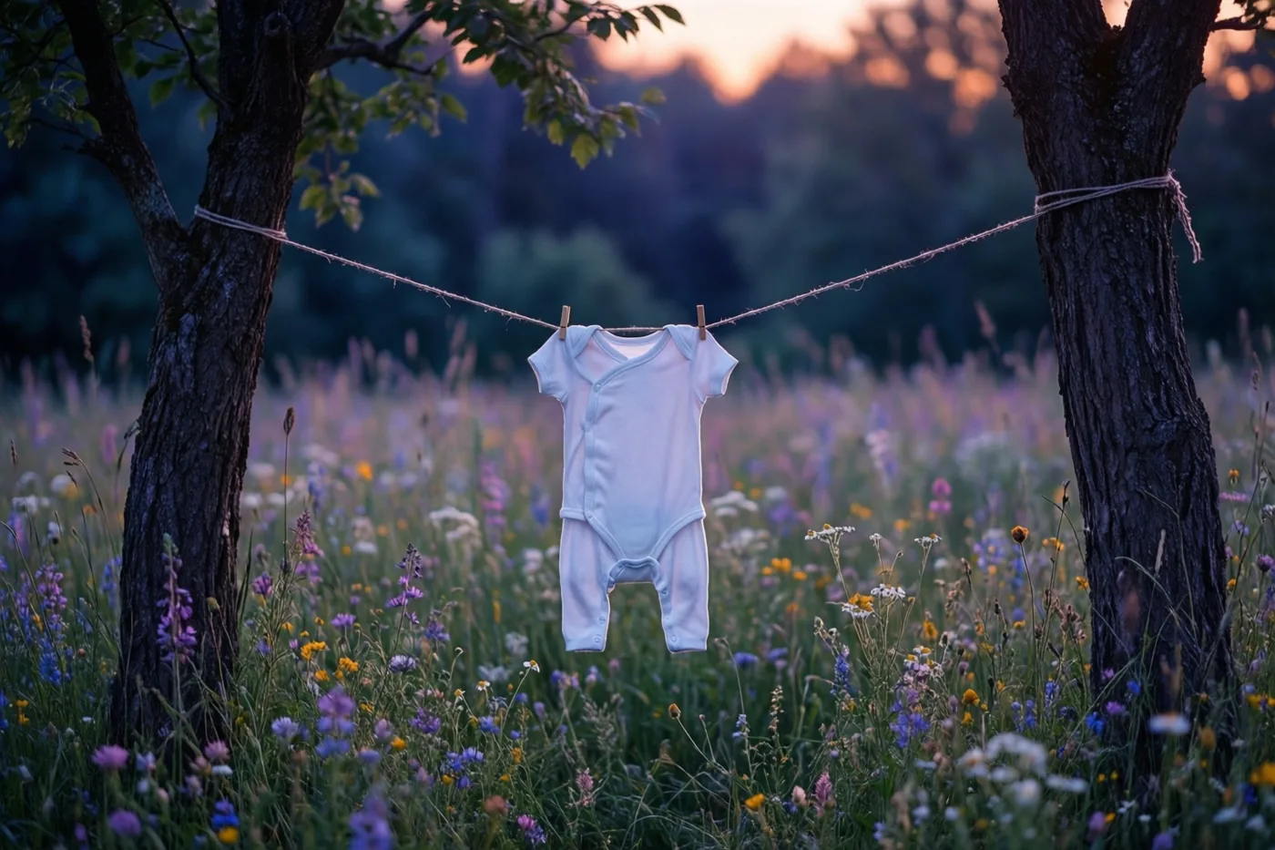 Een kleine witte babybody hangt aan een waslijn tussen twee bomen in een weide vol kleurrijke wilde bloemen, in het zachte licht van de zonsondergang.