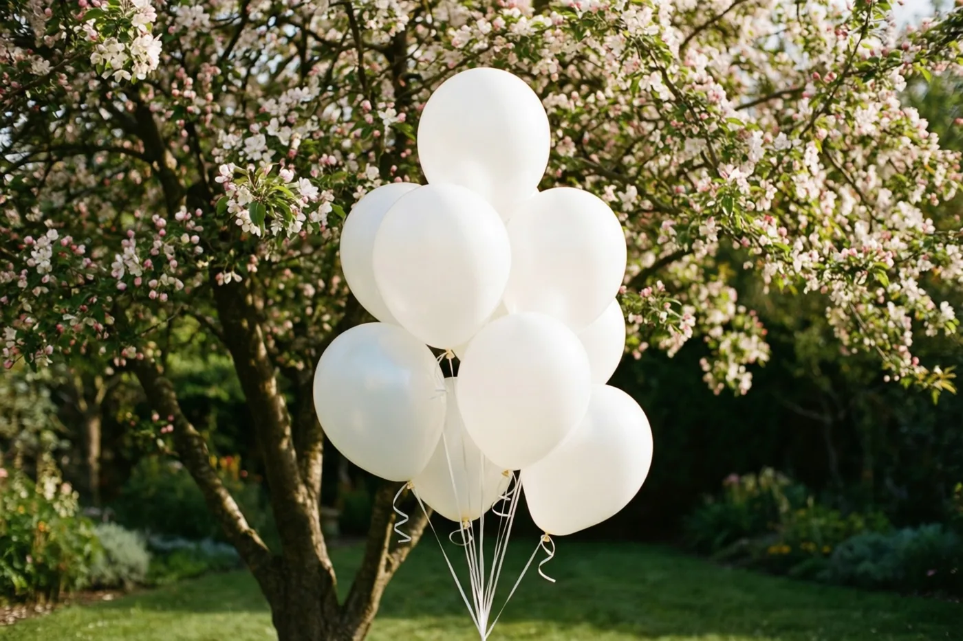 Een tros witte ballonnen is vastgebonden aan een bloeiende boom in een tuin met zacht lentezonlicht en witte, groene en roze tinten.