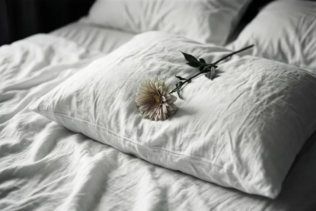 Een witte bloem met een groene steel ligt op een gekreukt wit hoofdkussen op een zacht verlicht bed.