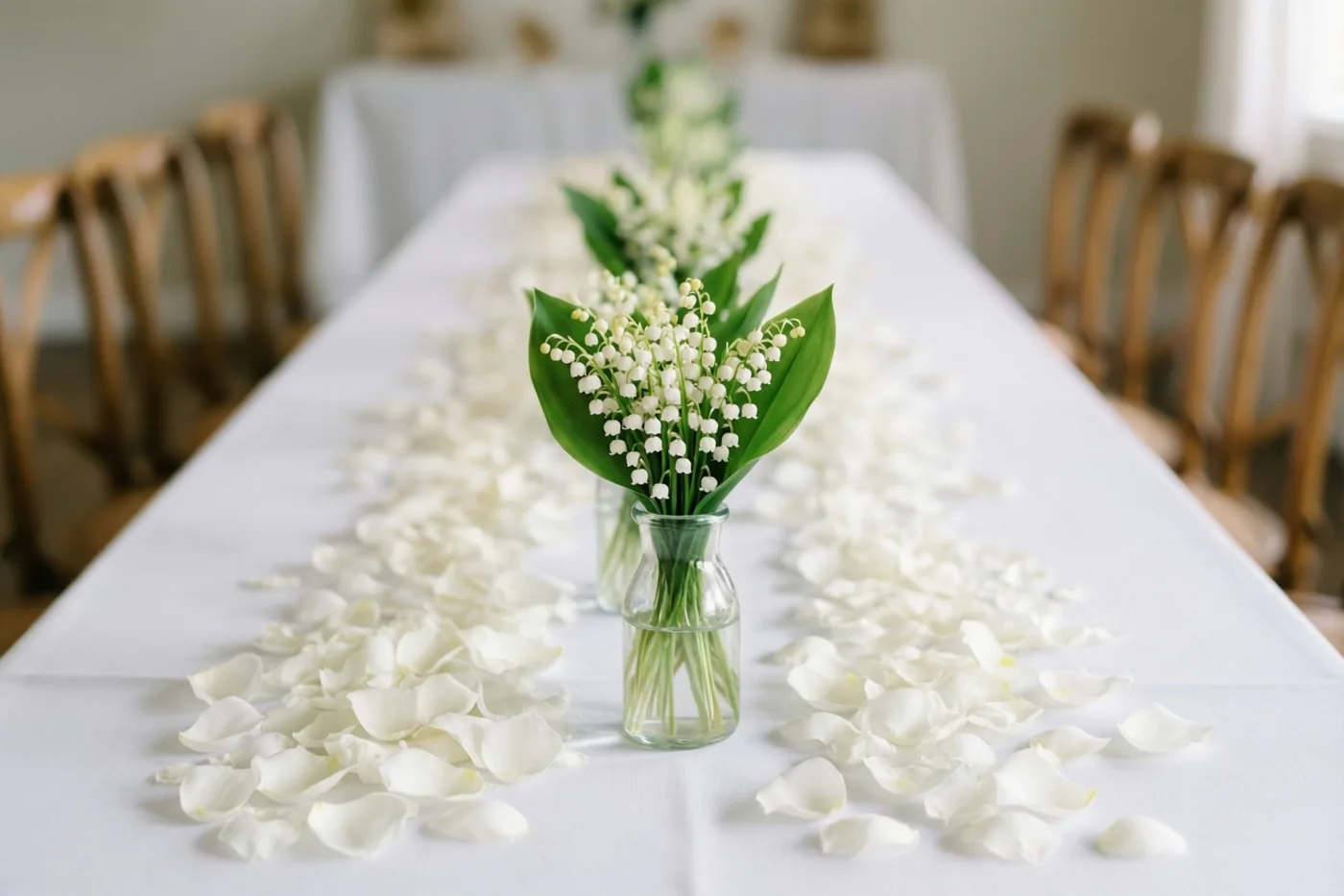 Een lange tafel met een wit kleed, verspreide witte bloemblaadjes en kleine glazen vaasjes met meiklokjes staat in een zacht verlichte binnenruimte met houten stoelen.