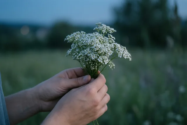 Twee handen houden een klein bosje fijne witte bloemen vast tegen een wazig groen veld en een schemerblauwe hemel.
