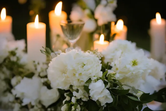 Witte bloemen en brandende kaarsen versieren een huwelijkstafel in een tuin bij valavond, verlicht door warm kaarslicht.