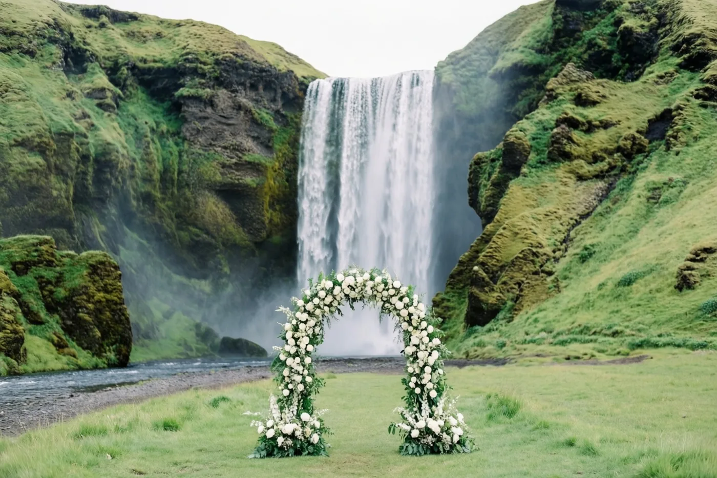 Een witte bloemenboog staat in een grasveld voor een grote waterval langs met mos begroeide rotswanden.