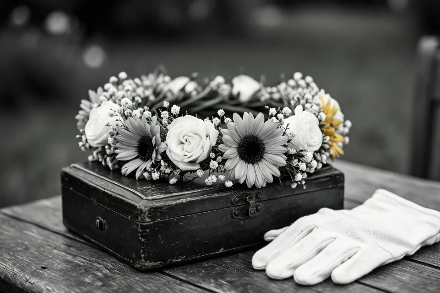 Een krans van witte rozen, madeliefjes en gipskruid ligt op een donkere oude houten doos op een verweerde houten tafel, naast witte katoenen handschoenen.