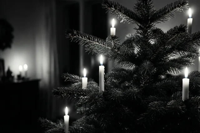 Een zwart-witfoto toont van dichtbij een donkere kerstboom met brandende witte kaarsen op de takken in een schemerige kamer met zachte lichtjes op de achtergrond.