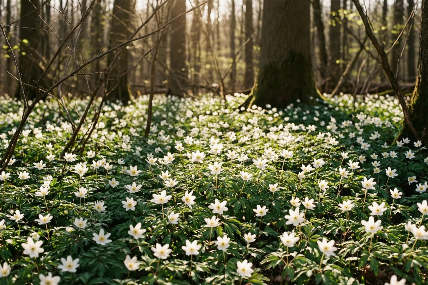Witte bosanemonen en groen blad bedekken de bosbodem tussen bruine boomstammen, terwijl lentelicht door kale takken valt.
