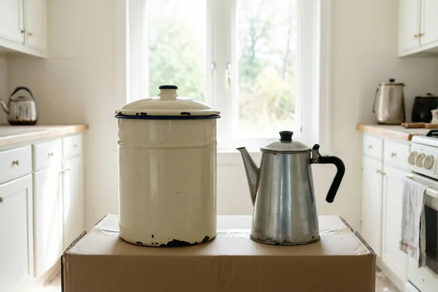 Een oude witte geëmailleerde broodtrommel en een zilverkleurige tinnen koffiepot staan op een kartonnen verhuisdoos in een lichte moderne keuken met daglicht door het raam.