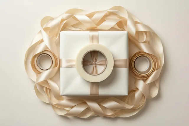 Een witte cadeaudoos met beige lint en een grote rol plakband staat tussen overtollig lint tegen een effen achtergrond.