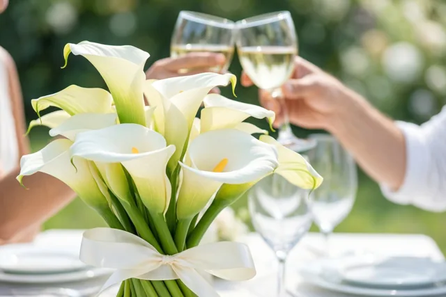 Een boeket witte calla's met een wit lint staat buiten op een tafel in helder daglicht, met daarachter twee handen met geheven wijnglazen tegen een onscherpe groene achtergrond.