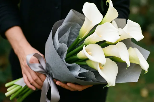 Twee handen houden een smal boeket witte calla's in grijs papier met een grijs zijden lint vast tegen een zacht vervaagde groene achtergrond.
