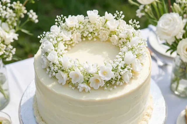 Een ronde taart van witte chocolade met een ring van suikerbloemen staat op een wit tafelkleed in een zonnige tuin met zachte witte en groene tinten.
