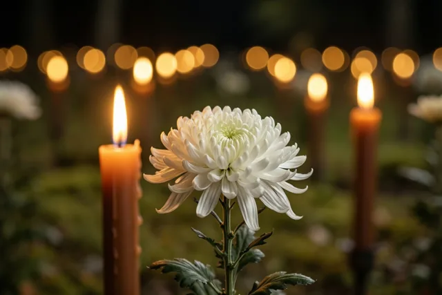 Een witte chrysant staat centraal op de voorgrond van een begraafplaats bij nacht, verlicht door een kaars links ervan, met wazige gouden kaarslichtjes in de verte.
