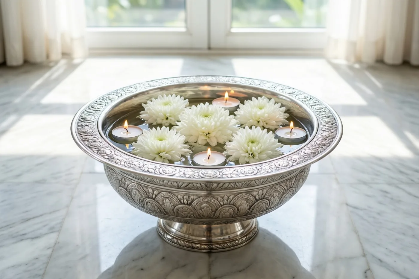 Een sierlijke zilveren schaal met water, drijvende witte chrysanten en brandende theelichtjes staat op een gepolijste marmeren vloer, met zacht daglicht van een raam op de achtergrond.
