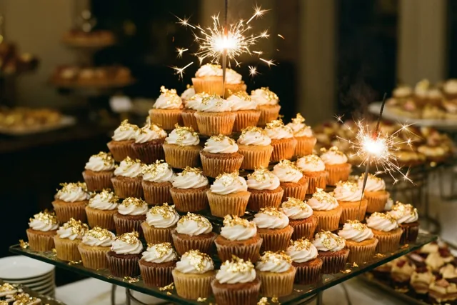 Cupcakes met wit glazuur en bladgoud vormen een piramide op een glazen standaard bij een feestbuffet, met brandende sterretjes erbovenop.