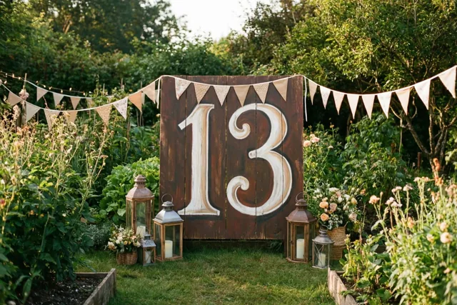 Een groot houten bord met 13 in witte verf staat tussen vlaggetjes en lantaarns in een weelderige tuin in warm daglicht.