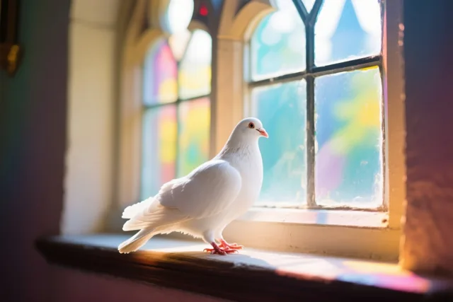 Een witte duif zit op een houten vensterbank in een kerk, in het zachte, warme licht dat door glasramen valt.