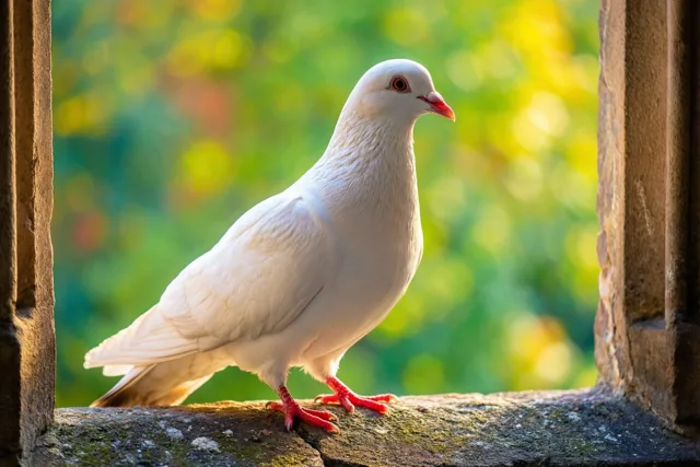 Een witte duif met rode poten en een rode snavel staat op een stenen kerkvensterbank tegen onscherp groen en geel gebladerte.