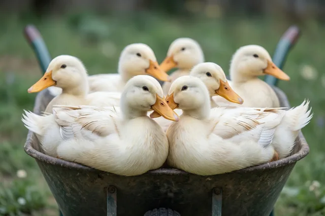 Een groep witte eenden zit dicht opeen in een donkere metalen kruiwagen in een groene tuin met een onscherpe achtergrond.