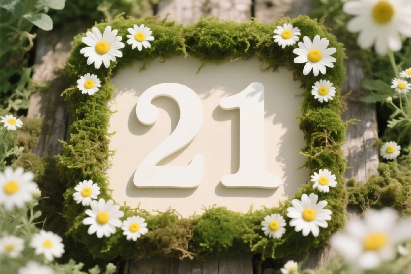 Een wit getal 21 staat in een groene moslijst met madeliefjes tegen een rustieke houten achtergrond in een tuin.