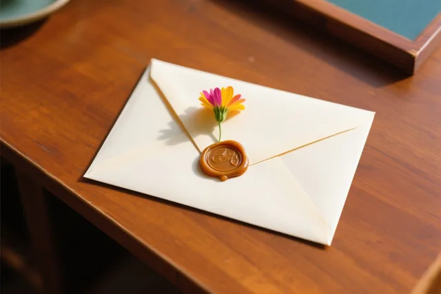 Een witte envelop met een bruin lakzegel en een klein kleurrijk bloemetje ligt op een houten bureau in warm licht.