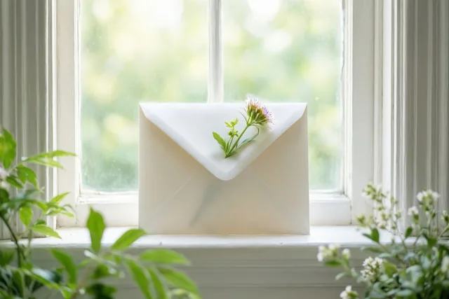 Een witte envelop met een paars bloemetje onder de flap ligt op een witte vensterbank in zacht daglicht, met groen ervoor en erachter.