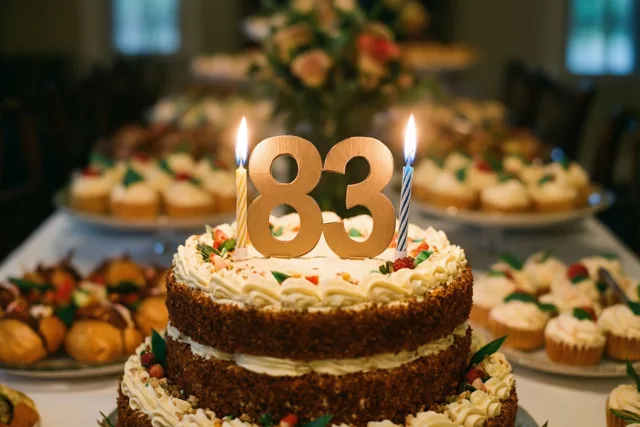 Een taart met meerdere verdiepingen, wit glazuur, fruit, een gouden versiering met 83 en twee brandende kaarsjes staat op een buffet tussen andere desserts.