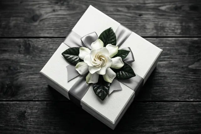 Een witte geschenkdoos met een zilverkleurig satijnen lint, één witte gardenia en donkergroene bladeren staat op een donkere houten tafel.