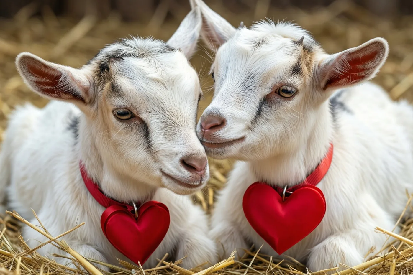 Twee jonge geitjes met witte vacht en rode hartvormige halsbanden liggen tegen elkaar te snuffelen in goudkleurig stro.