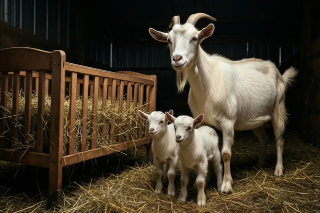Een moedergeit staat met twee witte pasgeboren geitjes naast een houten babywieg gevuld met hooi in een warm verlichte schuur.