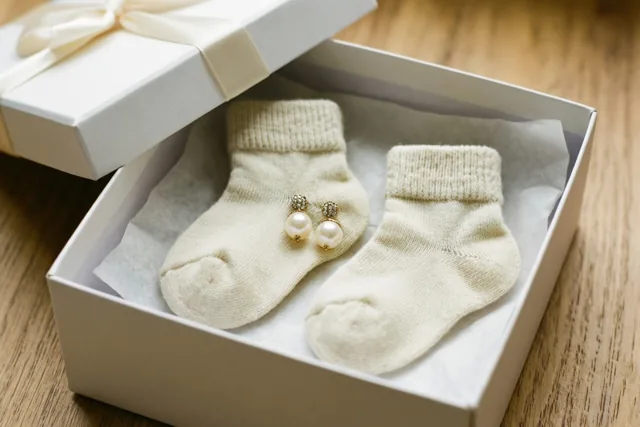 Een open witte geschenkdoos op een houten oppervlak bevat kleine witte babysokjes en pareloorbellen op zijdepapier in zacht warm licht.