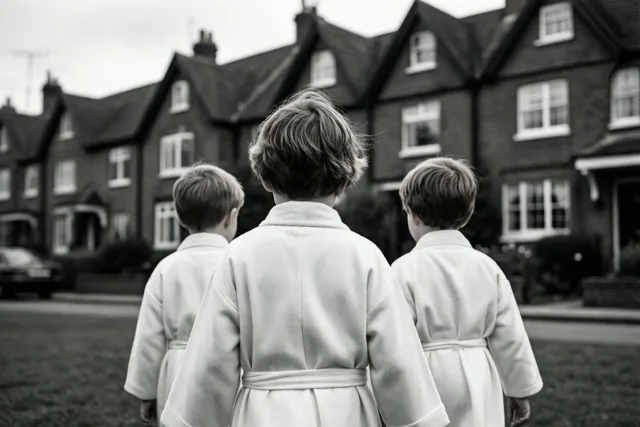Op een zwart-witfoto wandelen drie kinderen in witte gewaden met hun rug naar de camera door een straat vol bakstenen rijhuizen met trapgevels.
