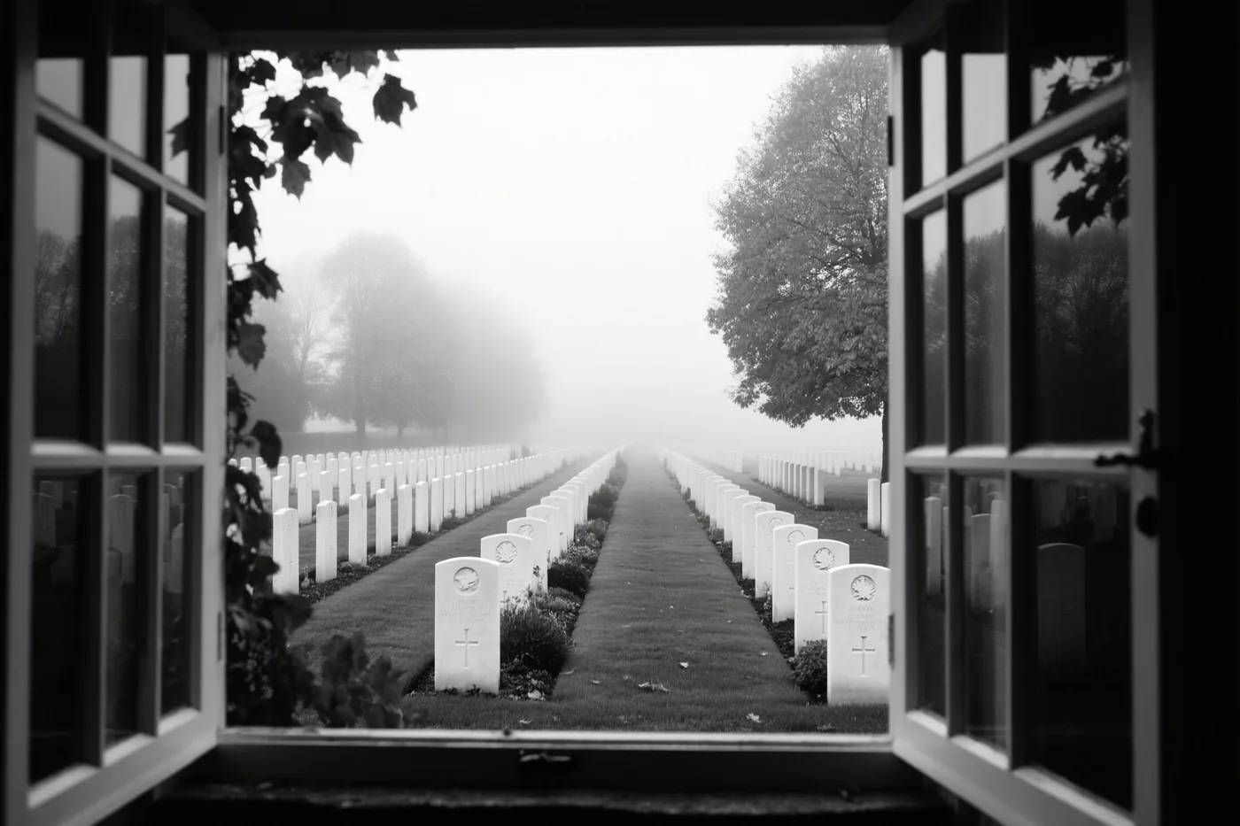 Door een open raam zijn rijen witte grafstenen te zien die in de mist verdwijnen, met herfstbomen aan weerszijden.