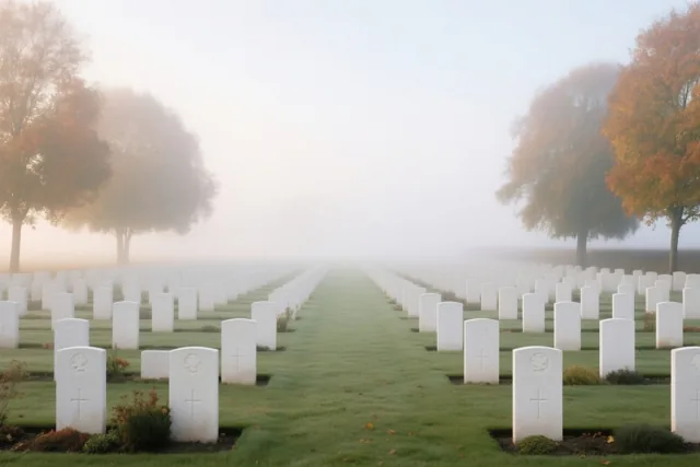 Rijen witte grafstenen verdwijnen in de mist tussen bomen met oranje en bruine herfstbladeren onder een zachte, bleke hemel.