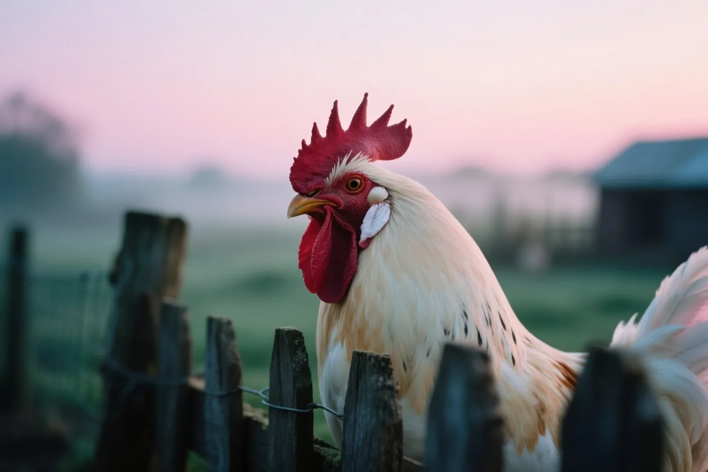 Een haan met een rode kam en witte veren staat op een houten hek bij het ochtendgloren, met een roze en paarse lucht boven een mistig boerenerf.
