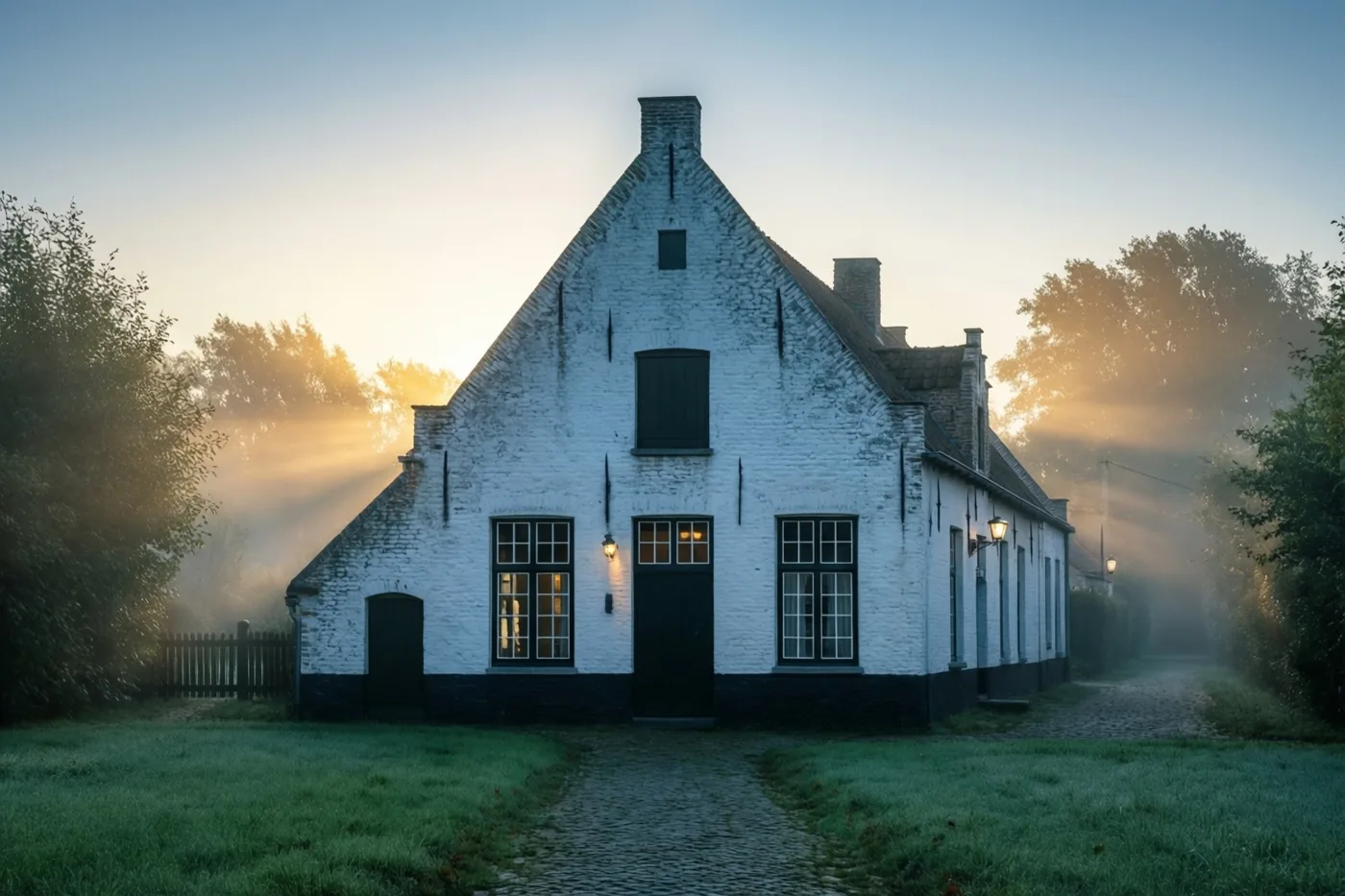 Een witgekalkte Vlaamse hoeve staat in de ochtendmist, met zonlicht dat door de nevel breekt en zachte blauwgrijze en donkergroene tinten.