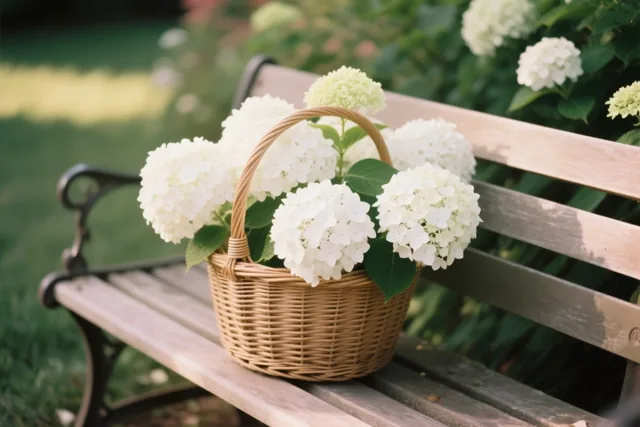 Een rieten mand met witte hortensia’s staat op een houten tuinbank in een weelderige groene tuin met zacht natuurlijk licht.