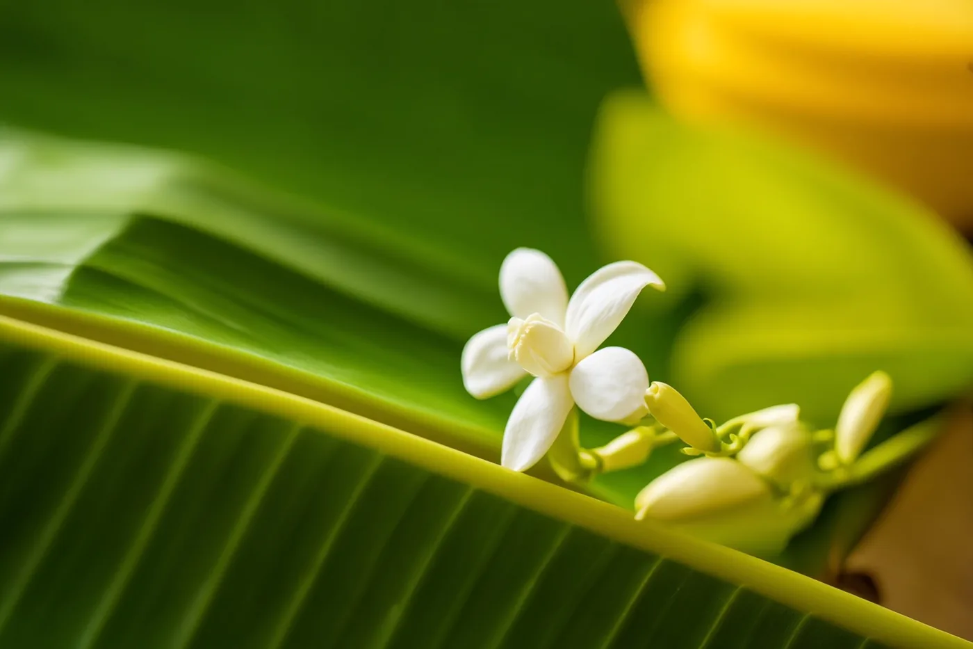 Eén witte jasmijnbloem ligt op een groot groen bananenblad met onscherpe gele elementen op de achtergrond.