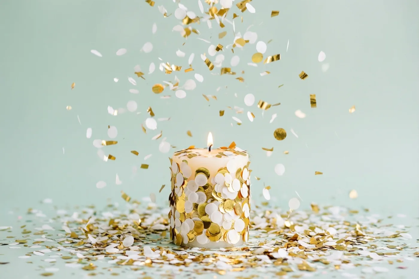 Een brandende witte kaars met witte en gouden confetti staat op een lichtgroen oppervlak, met vallende confetti tegen een lichtgroene achtergrond.