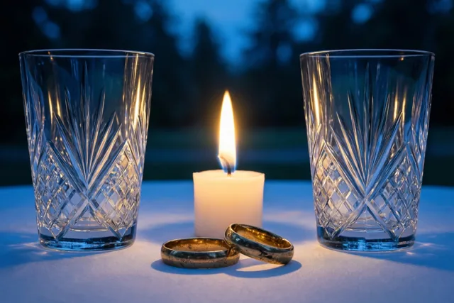Een brandende witte kaars staat tussen twee geslepen kristallen glazen op een wit tafelkleed, met twee oude gouden trouwringen ervoor en een blauwe achtergrond in de schemering.