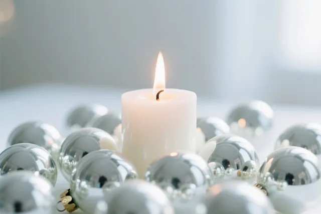 Een brandende witte kaars staat tussen spiegelende zilveren glazen kerstballen op een lichte ondergrond tegen een zacht wazige achtergrond.