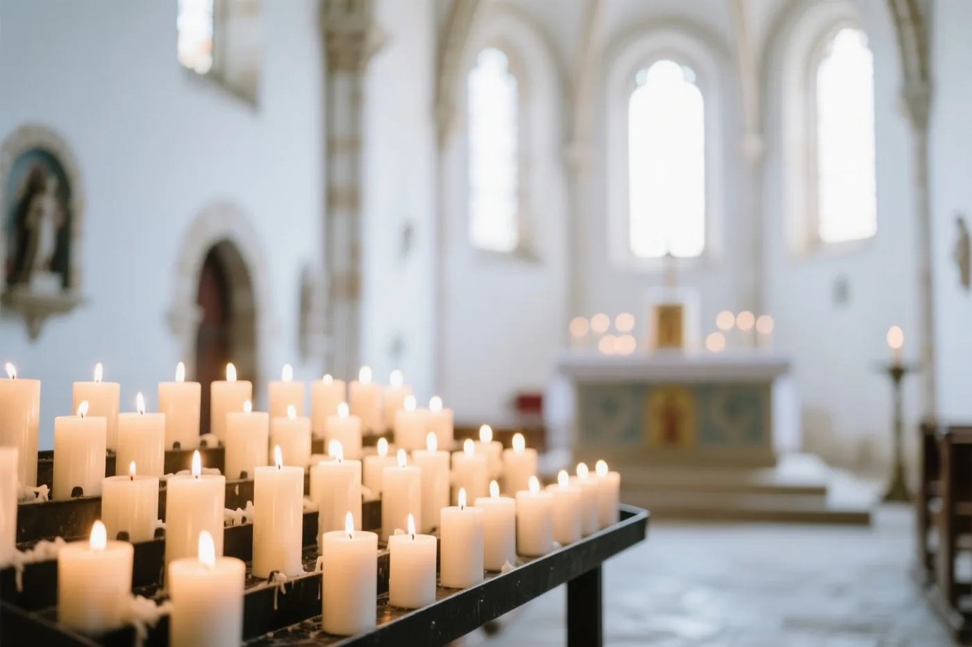 Rijen witte offerkaarsen branden op een zwarte standaard in een romaanse kerk, met boogvensters en een onscherp altaar op de achtergrond.