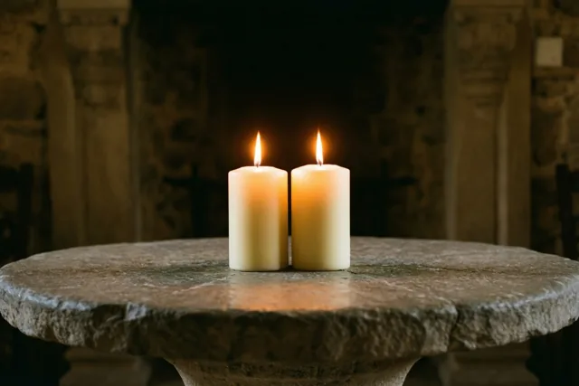 Twee witte kaarsen branden naast elkaar op een ruwe, ronde stenen tafel in een schemerige ruimte met rustieke stenen muren.